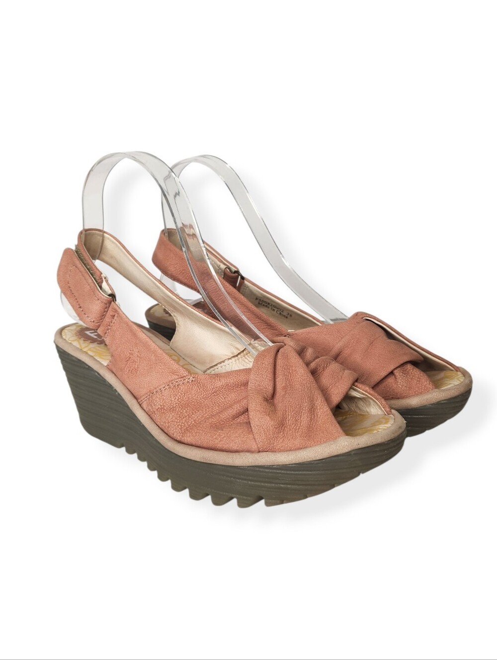 Fly London Yata Peep Toe Adjustable Strap Slip On Wedge Sandals Rose 38 7-7.5 US